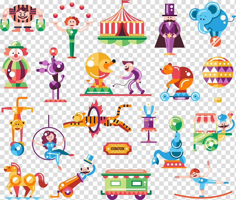 carnival illustrations, Flat design Circus Carnival Illustration, Fashion Circus design elements material, transparent background PNG clipart