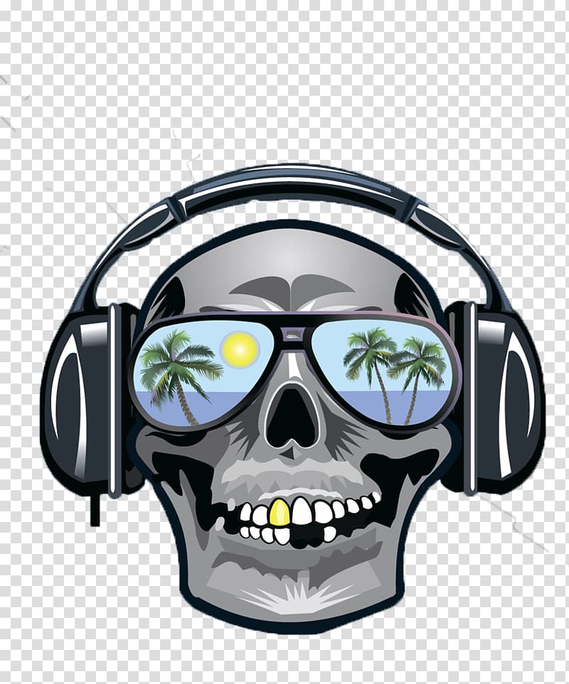 gray skull wearing sunglasses and headphones , Microphone Disc jockey Skull, Skeleton wearing headphones transparent background PNG clipart