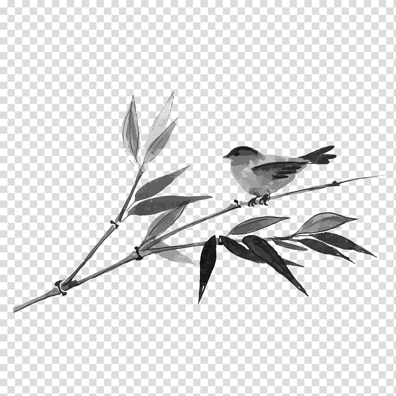 Ink wash painting Bamboo Japanese art Japanese painting, Bamboo on the bird transparent background PNG clipart