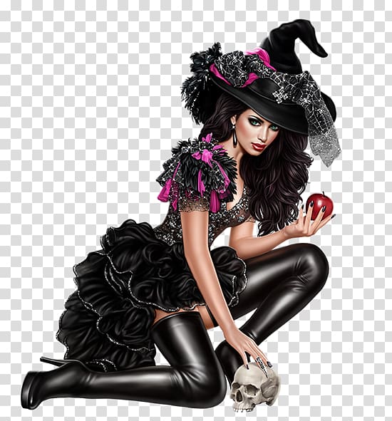 witch holding red apple illustration, Halloween witch in black material transparent background PNG clipart