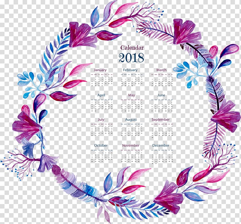 2018 year calendar, Watercolor painting, Exquisite purple watercolor wreath calendar transparent background PNG clipart