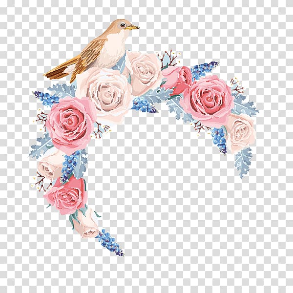 Flower Euclidean Rose, flowers border, brown bird on floral headband painting transparent background PNG clipart