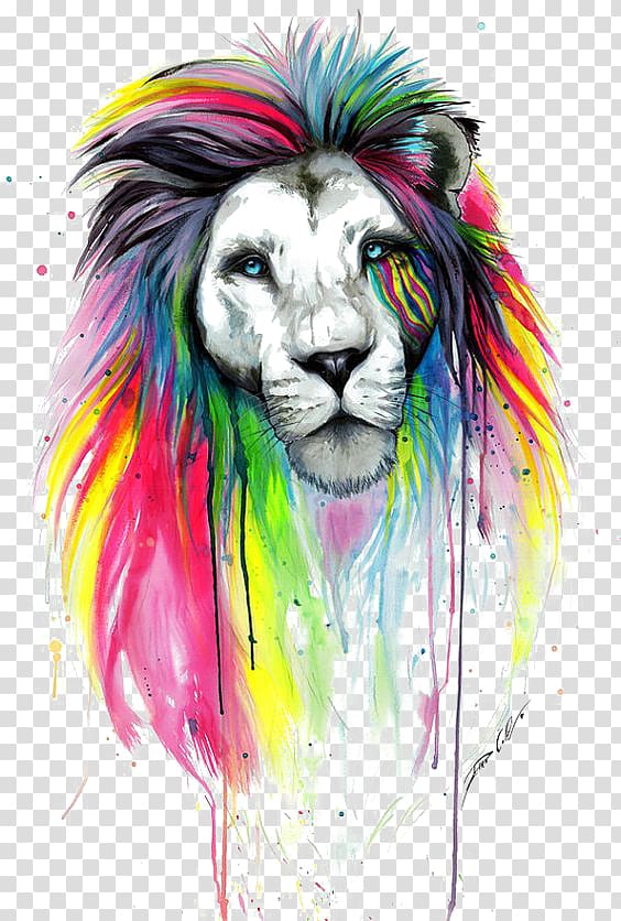 Lion Drawing Painting Art, Watercolor lion, multicolored lion artwork transparent background PNG clipart