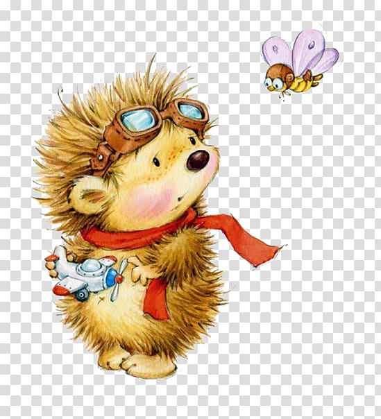 hedgehog and bee cartoon illustration, Illustrator Painter Decoupage Drawing Illustration, Play aircraft hedgehog transparent background PNG clipart