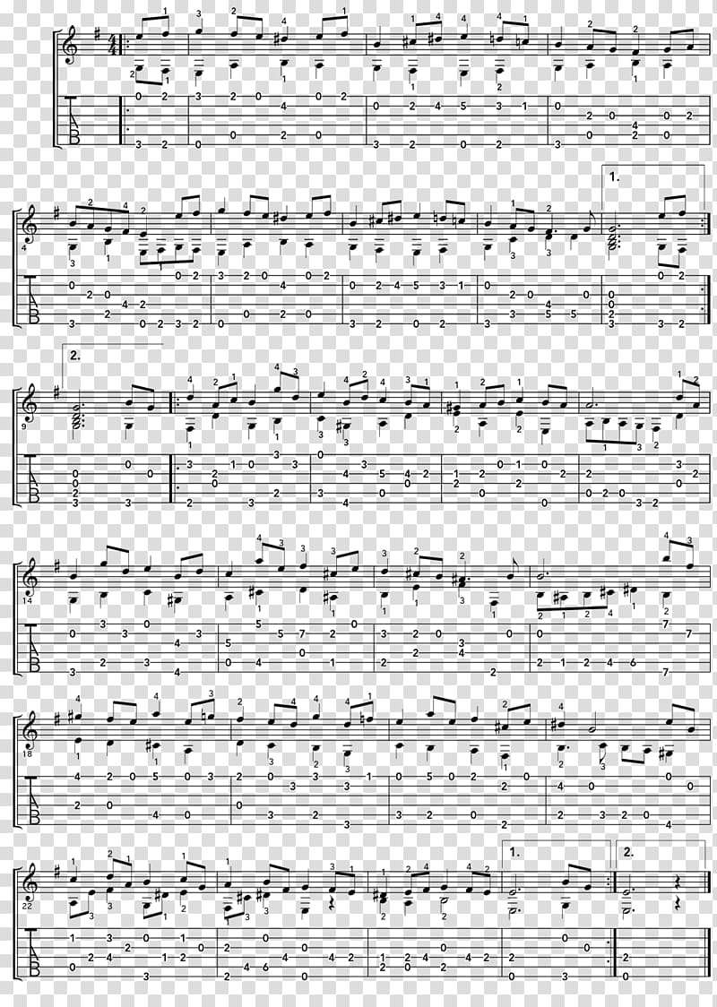 Bourrée in E minor Tablature Acoustic guitar Lute Suite in E minor, BWV 996, Acoustic Guitar transparent background PNG clipart