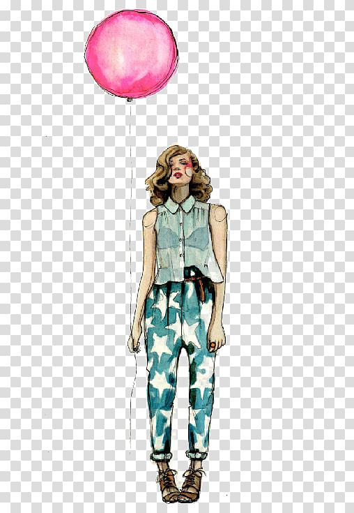woman holding balloon, Fashion illustration Drawing Illustration, Woman holding balloons transparent background PNG clipart