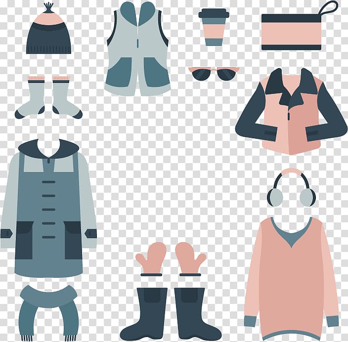 Clothing Winter Designer Illustration, Flat warm winter clothing transparent background PNG clipart