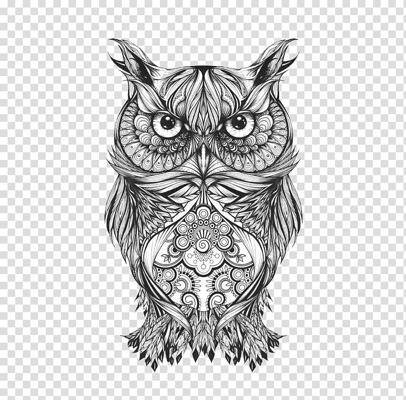 Owl Tattoo Drawing Body art Sketch, Tattoo, black and white owl illustration transparent background PNG clipart