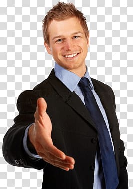 man in black suit jacket offering handshake, Thanks Businessman transparent background PNG clipart