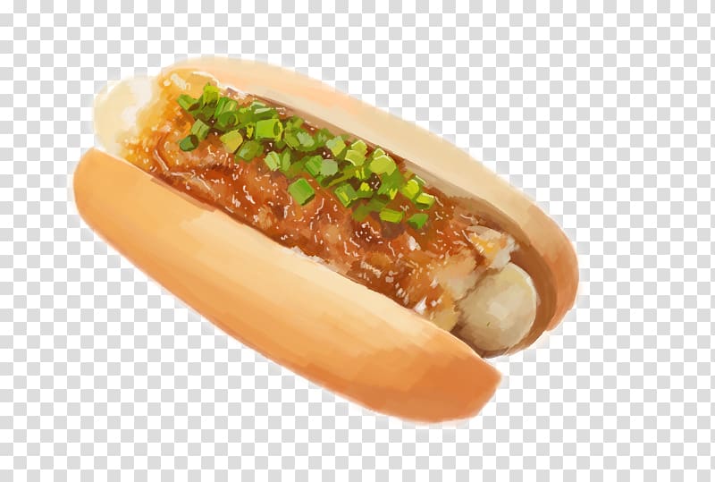 Hot dog Sausage sandwich Chili dog Bratwurst, Free hot dogs filled with sauces buckle material transparent background PNG clipart