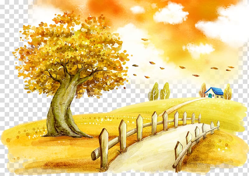 tree near walkway, Autumn Fukei Cartoon Illustration, Autumn background transparent background PNG clipart