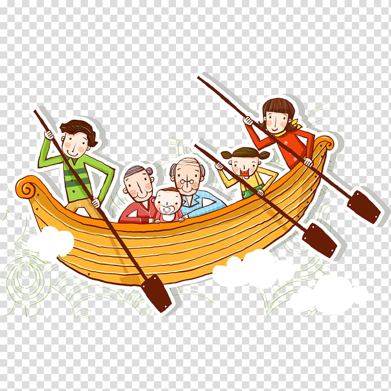 Cartoon Rowing Illustration, Family boating outings material transparent background PNG clipart