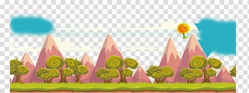 Cartoon , Beautiful exquisite cartoon mountains clouds background Sunflower tree decoration transparent background PNG clipart