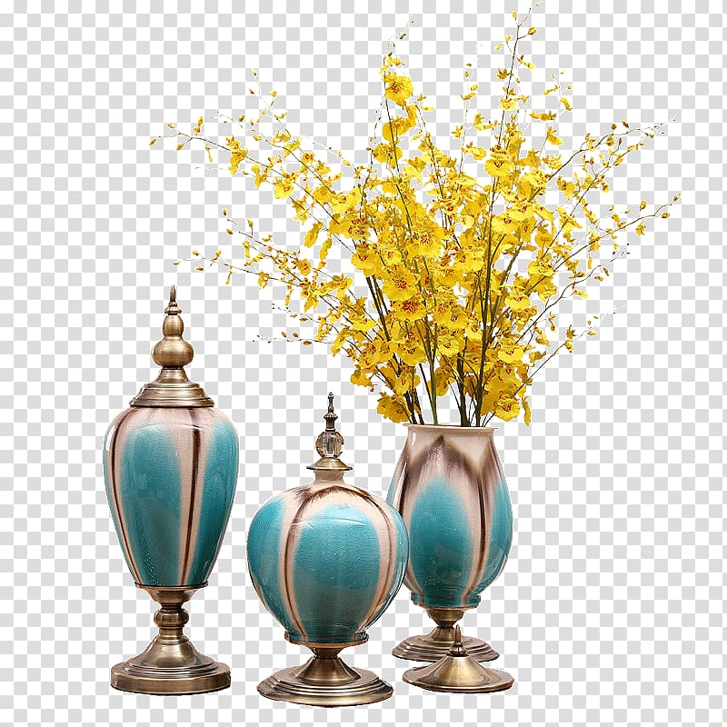 three teal-and-white flower vases, Vase Furniture, Living room furniture, vases Decoration transparent background PNG clipart