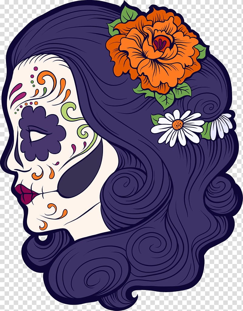 sugar skull woman illustration, Calavera Coloring book Skull Day of the Dead, Purple skull makeup transparent background PNG clipart