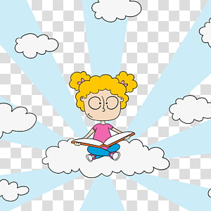 Euclidean Cloud Illustration, girl sitting on the cloud reading transparent background PNG clipart thumbnail