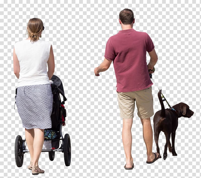 woman pushing stroller and man holding dog leash with adult black Labrador retriever, Architectural rendering Drawing, children playing transparent background PNG clipart