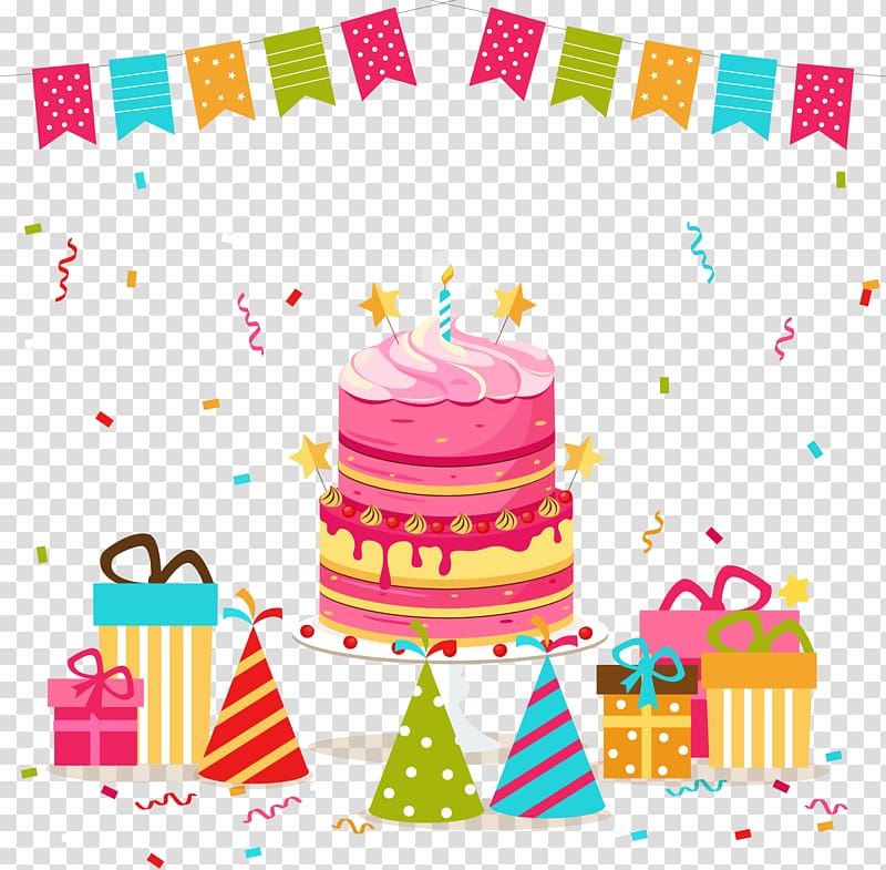 2-tier birthday cake with pennant and gifts art, Birthday cake , hand painted birthday celebration transparent background PNG clipart