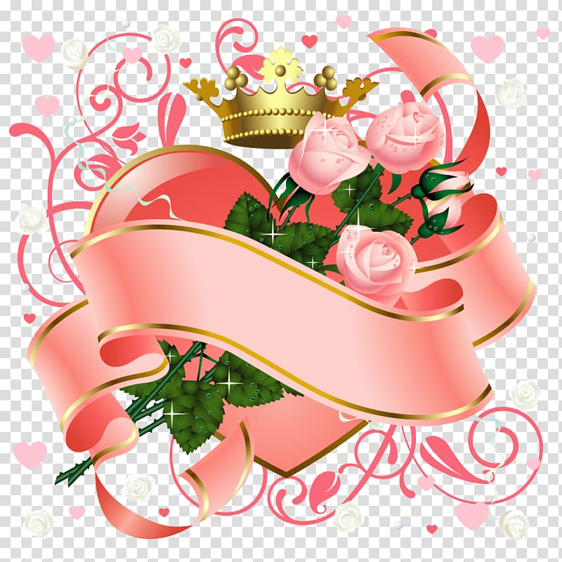 Love Flower Heart Valentines Day , Pink Rose and Crown Heart transparent background PNG clipart