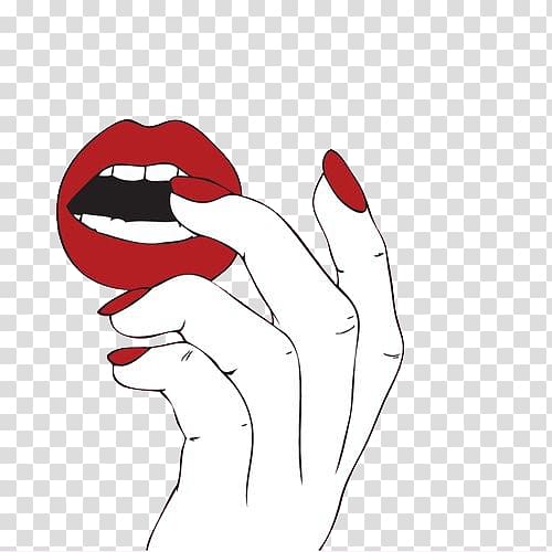 painting of person touch lips, Nail polish Lip Red Gel nails, Red finger nails with red lips transparent background PNG clipart