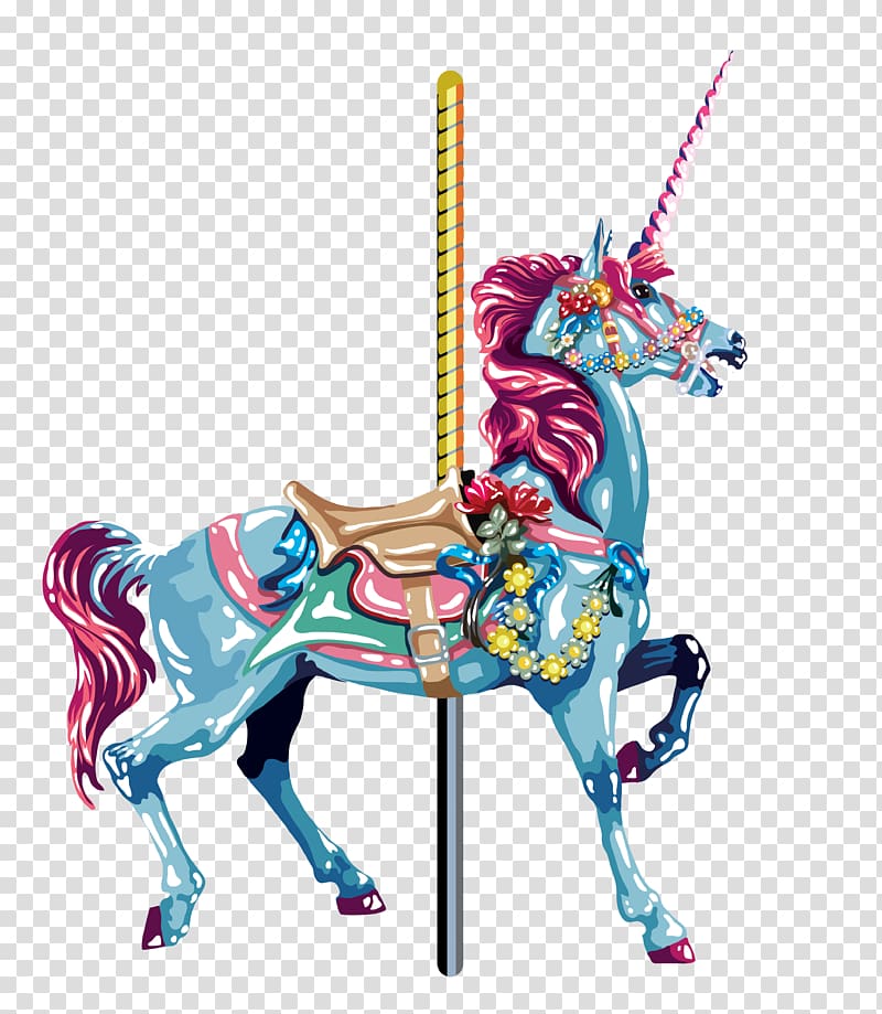 blue and pink unicorn carousel illustration, Carousel Horse Amusement park, Carousel transparent background PNG clipart