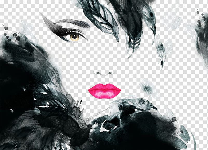 black and white abstract female portrait , Fashion Watercolor painting Portrait, Hand-painted watercolor fashion beauty transparent background PNG clipart