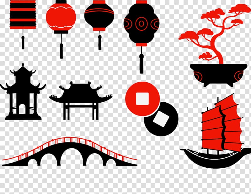 Poster Illustration, Hand-painted lantern pavilion Bridge Boat transparent background PNG clipart