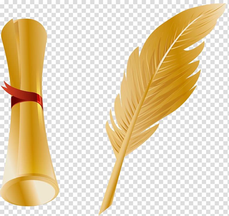 brown feather and paper illustration, Paper Quill Pen Feather, hand painted gold quill pen transparent background PNG clipart