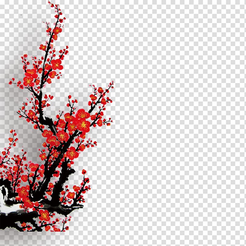 Ink wash painting Plum blossom, Ink painting of red plum transparent background PNG clipart