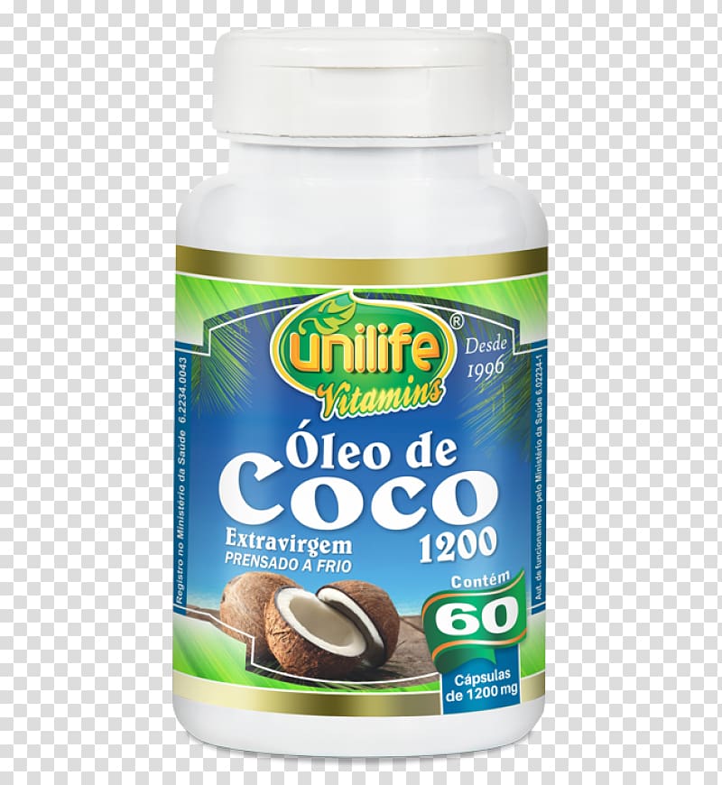 Coconut oil Óleo de Coco Extra Virgem Unilife Óleo de Coco Orgânico 120 Cápsulas Extra Virgem 1200mg Unilife Dietary supplement, coconut transparent background PNG clipart