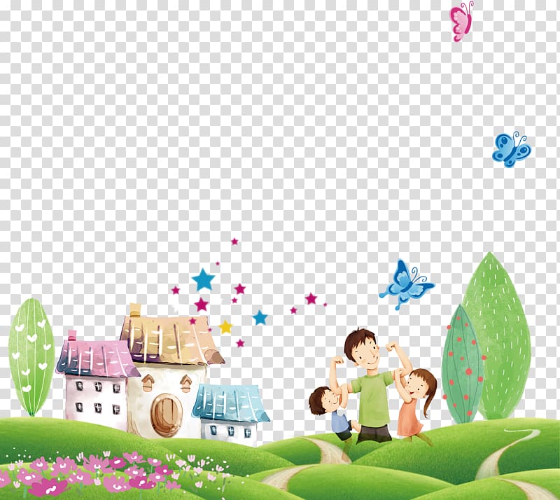 children playing on grass field , Cartoon Poster Father Illustration, Father\'s Day transparent background PNG clipart