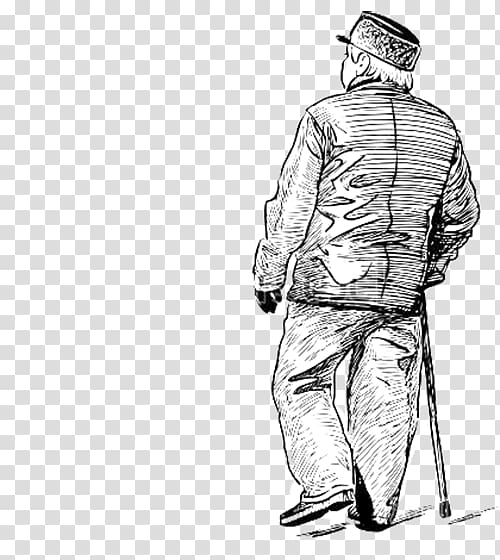 man holding cane pencil sketch, Drawing Sketch, Pencil sketch, lonely old man\'s back transparent background PNG clipart