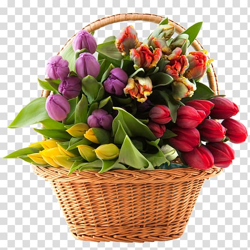 assorted flowers in brown wicker basket, Flower delivery Basket Floristry Rose, Bouquet flowers transparent background PNG clipart