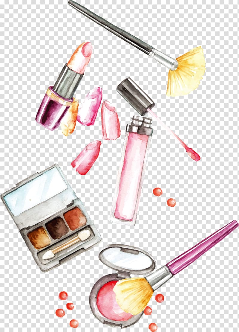 cosmetic products illustration, Lotion Cosmetics Lipstick Brush, Cosmetics painting transparent background PNG clipart