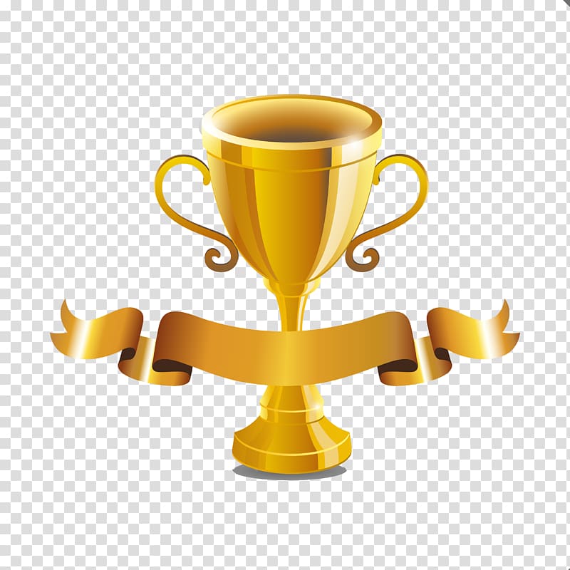 gold-colored cup trophy with ribbon illustration, Trophy , Gold ribbon with trophy background material transparent background PNG clipart