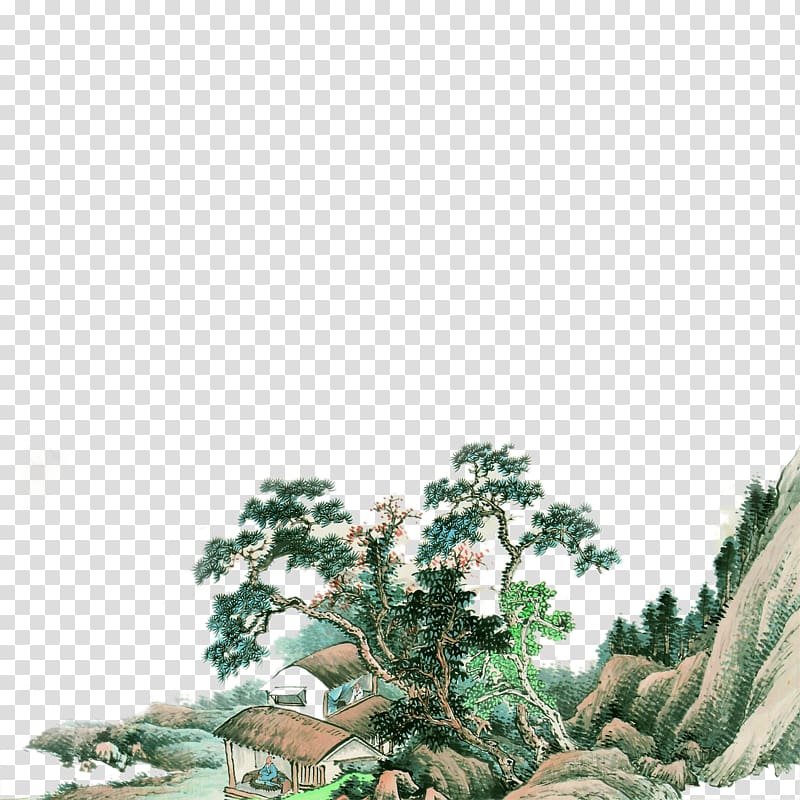 Chinese painting Wall Mural, Hillside hut transparent background PNG clipart