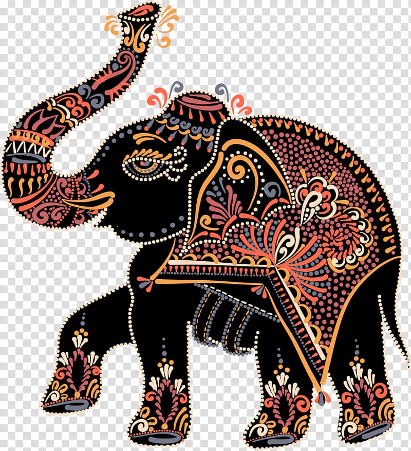 black an red elephant , Elephant Painting Folk art Illustration, Color pattern elephant transparent background PNG clipart