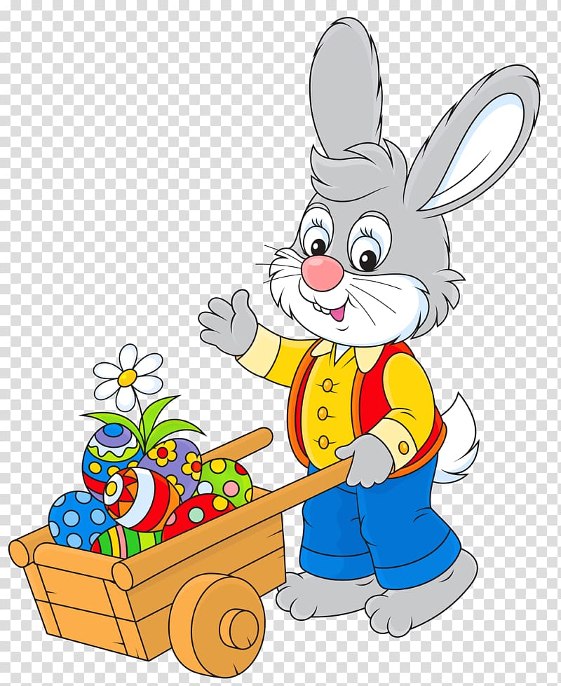 gray rabbit holding cart , Easter Bunny , Easter Bunny with Egg Cart transparent background PNG clipart