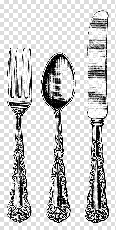 spoon, fork,and knife illustration, Cutlery Trio Vintage transparent background PNG clipart