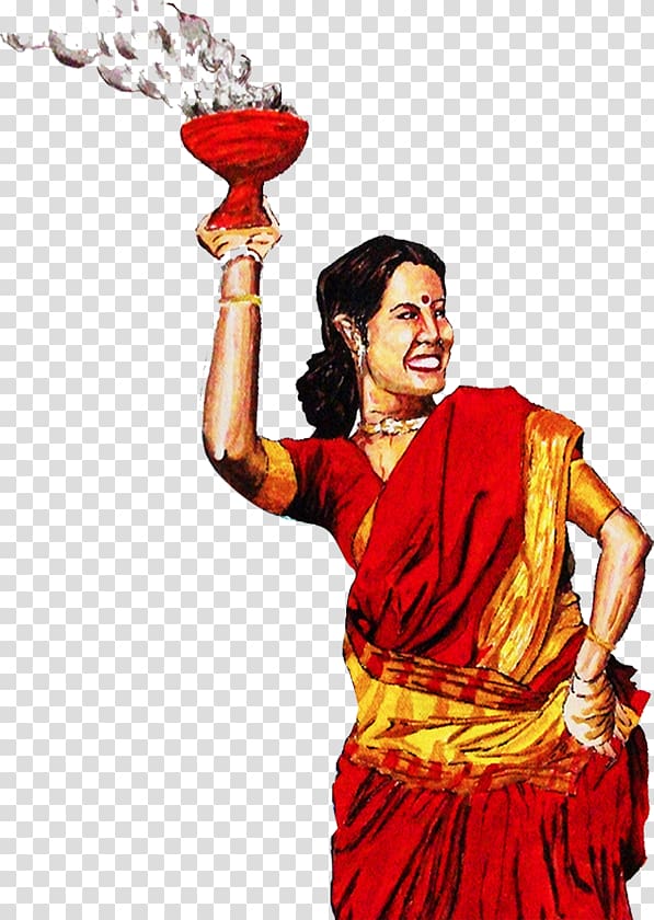 woman holding red vase panting, Durga Puja Dhunachi Drawing , puja transparent background PNG clipart