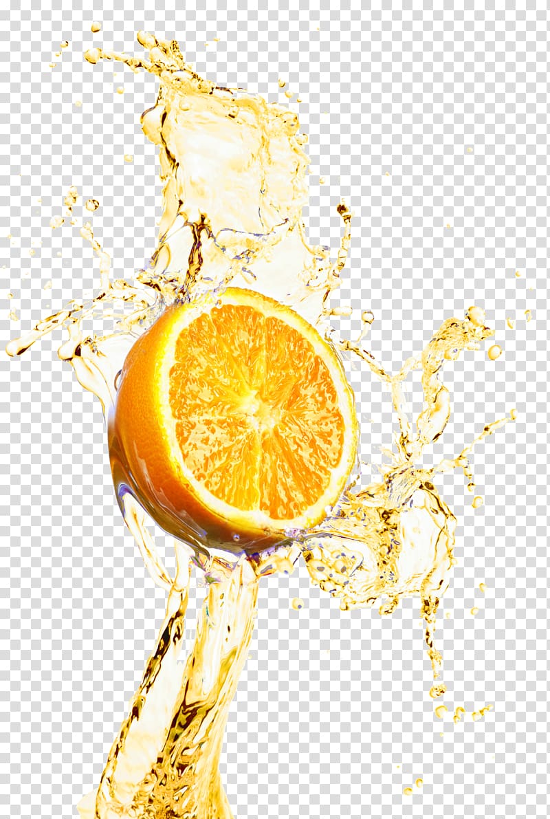Orange juice Lemonade, Orange juice splash decoration design material, sliced citrus fruit transparent background PNG clipart