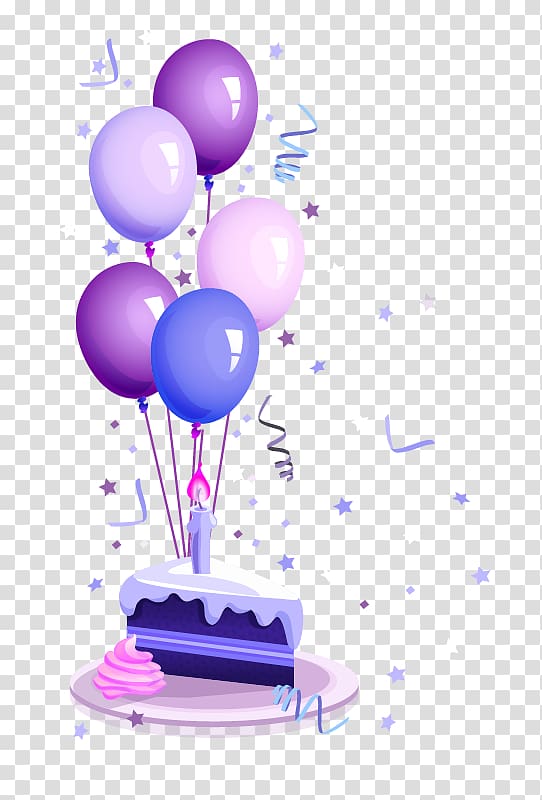 Birthday cake Happy Birthday to You Party, Birthday cake, purple, pink, and blue balloons with slice of cake and candle transparent background PNG clipart
