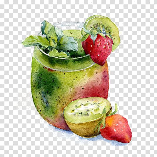 kiwi and strawberry juice near fruits watercolor art, Juice Health shake Strawberry Food Illustration, fruit juice transparent background PNG clipart