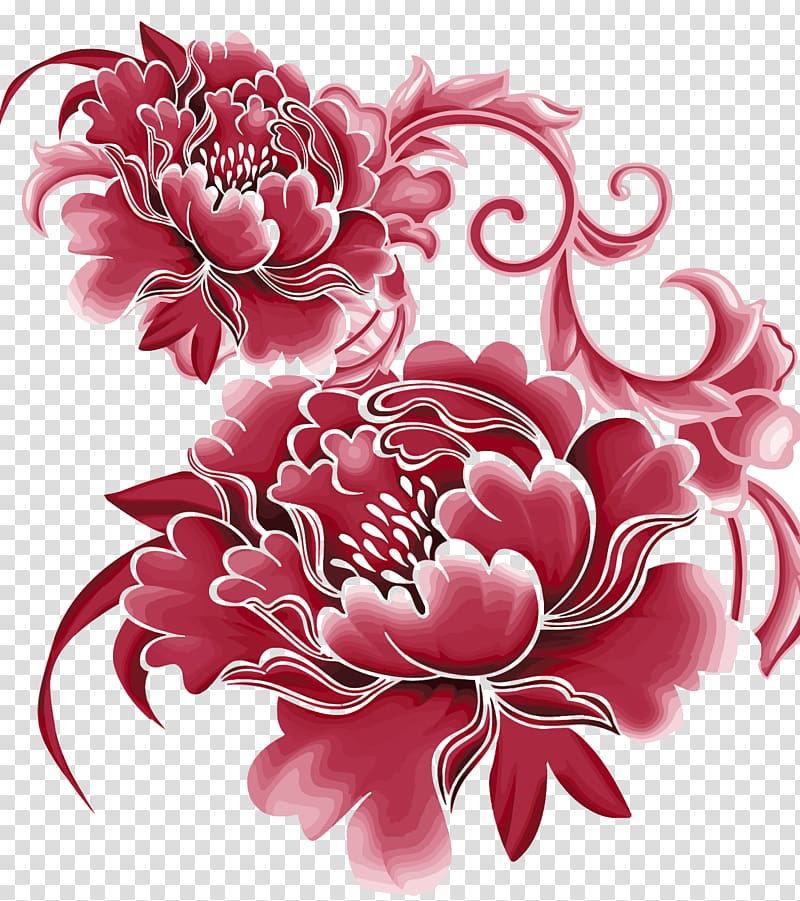 red and blue floral art, China Paper Flower Sticker, Peony transparent background PNG clipart