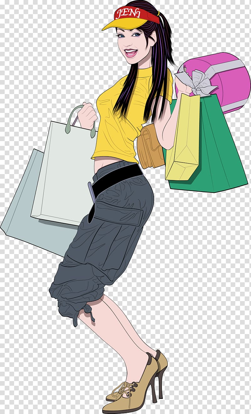 Shopping Cartoon Illustration, A crazy shopping woman transparent background PNG clipart