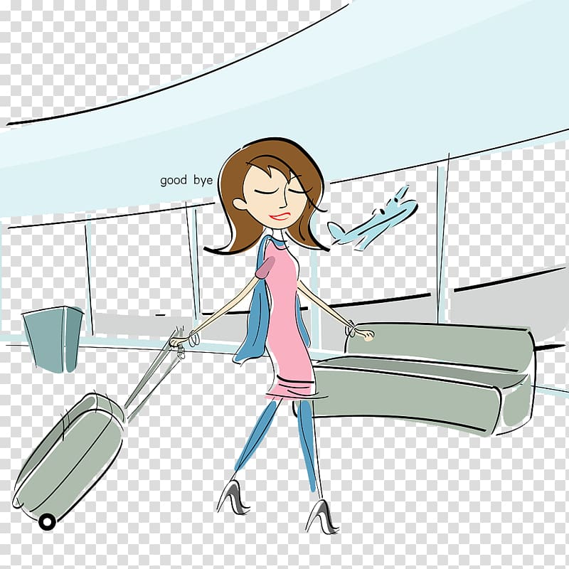 Suitcase Baggage Woman Travel , Fashion illustration airport departure goodbye transparent background PNG clipart