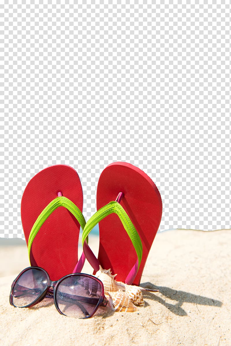 Summer beach bag and accessories - straw hat, flip flops and sunglasses on sandy  beach and azure sea on background, Stock image