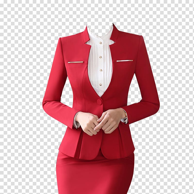Suit Formal wear Skirt Clothing Dress, Red low collar professional women suit skirt suit, red 1-button peplum blazer and red skirt illustration transparent background PNG clipart