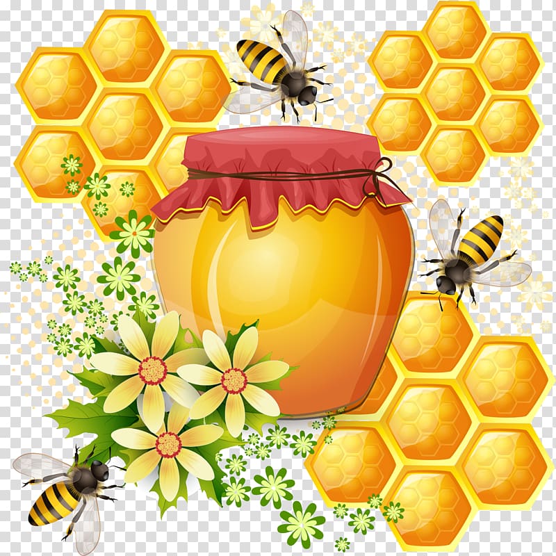 honey jar and honeycombs illustration, Western honey bee Honeycomb, Bees and honey transparent background PNG clipart