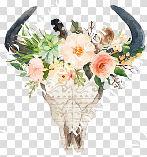 animal skull with flowers illusration, Cattle Skull Bull Decal Flower, bohemia f;ower transparent background PNG clipart thumbnail